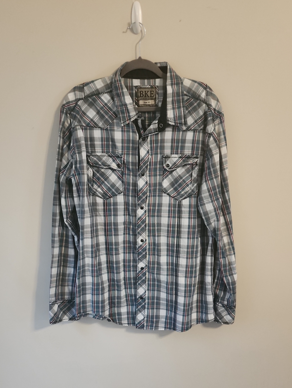 BKE Men's Plaid Button-Down Shirt in White, Gray and Blue